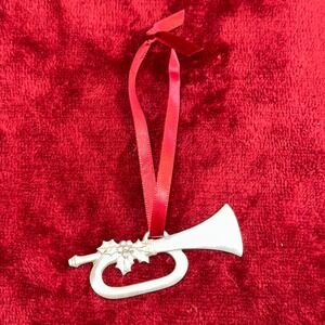 Longaberger Pewter Christmas Ornament Horn Bugle Holly Berry Silver Red Ribbon
